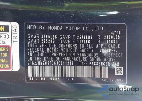 2018 Honda Clarity Touring z USA, uszkodzony, nr VIN JHMZC5F36JC011287